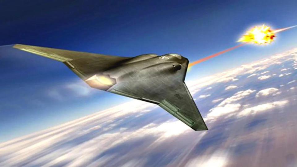 An earlier concept of a 6th generation manned tactical jet showing a laser weapon being fired. (Northrop Grumman)