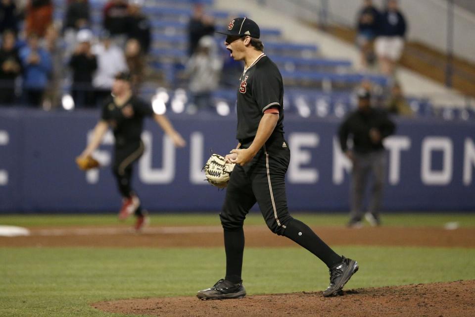 JSerra pitcher Tyler Gough celebrates after the final out against Sherman Oaks Notre Dame on Friday.