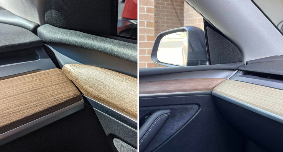 Images showing the interior of two Tesla vehicles. The left image is of matching wood panels while the right is mismatched wood colours.