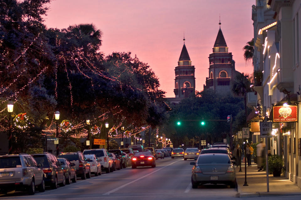 St. Augustine at dusk all lit up.