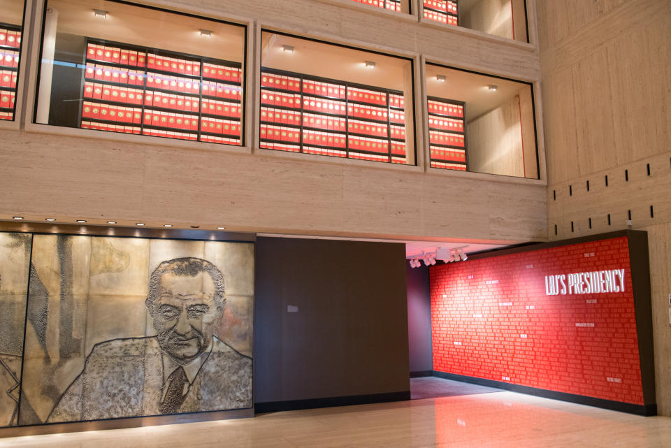 A photo engraved mural of Lyndon B. Johnson at his Texas presidential library and museum