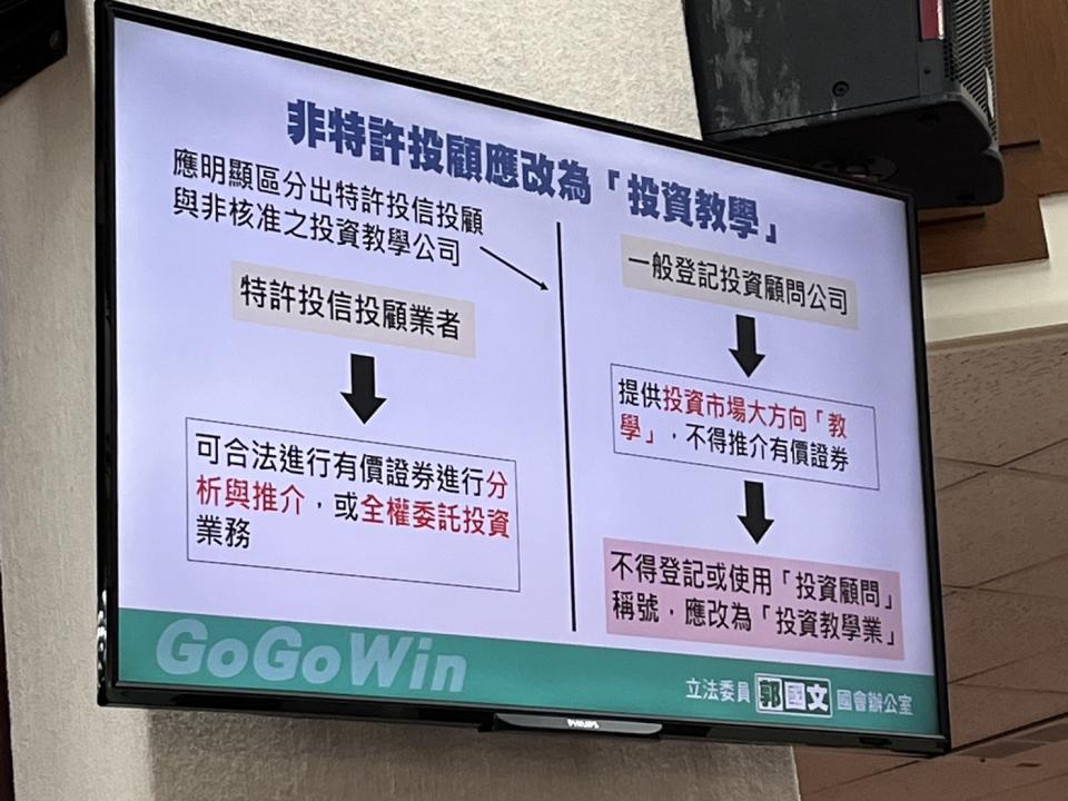 立委郭國文質詢時指合法登記投顧成詐騙窗口，建議改名「投資教學業」。圖/記者葉憶如攝