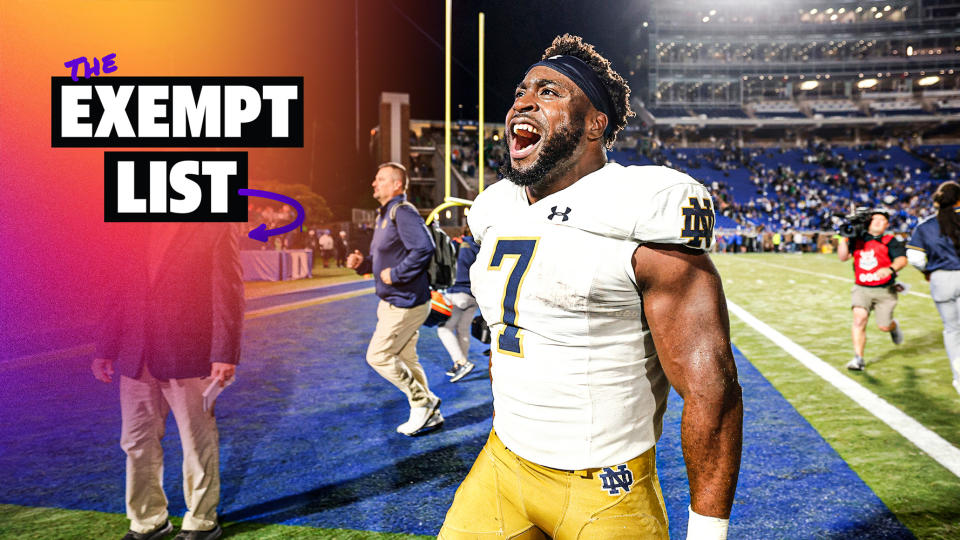 DURHAM, NORTH CAROLINA - SEPTEMBER 30: Audric Estime #7 of the Notre Dame Fighting Irish celebrates following their game against the Duke Blue Devils at Wallace Wade Stadium on September 30, 2023 in Durham, North Carolina. Notre Dame won 21-14. (Photo by Lance King/Getty Images)