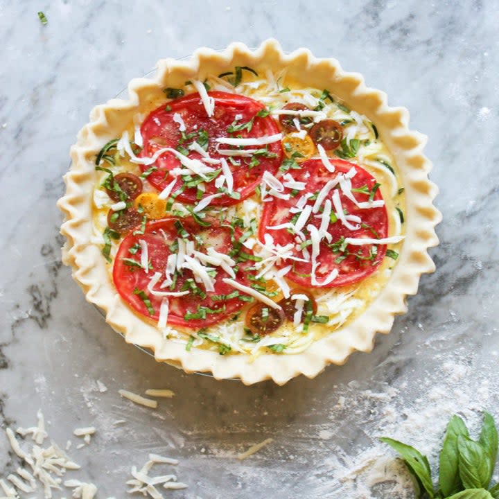 An unbaked savory vegetable pie.