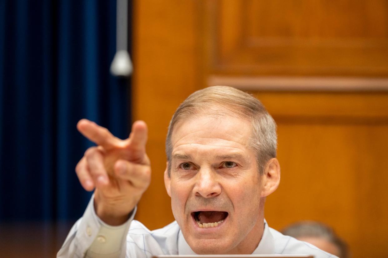 Rep. Jim Jordan (R-OH) asks questions as Gary Shapley, Supervisory Special Agent for the IRS, and Joseph Ziegler, Criminal Investigator for the IRS, testify in front of the House Oversight Committee on July 19, 2023 in Washington. Shapley alleges that the Justice Department interfered in the IRS investigation of Hunter Biden.