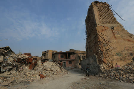 FILE PHOTO - The destroyed al-Hadba minaret at the Grand al-Nuri Mosque is seen in the old city of Mosul, Iraq January 17, 2018. REUTERS/Ari Jalal