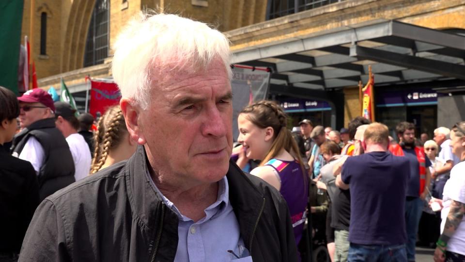 John McDonnell speaks to the media at a rally outside Kings Cross station (Sarah Collier/PA) (PA Wire)