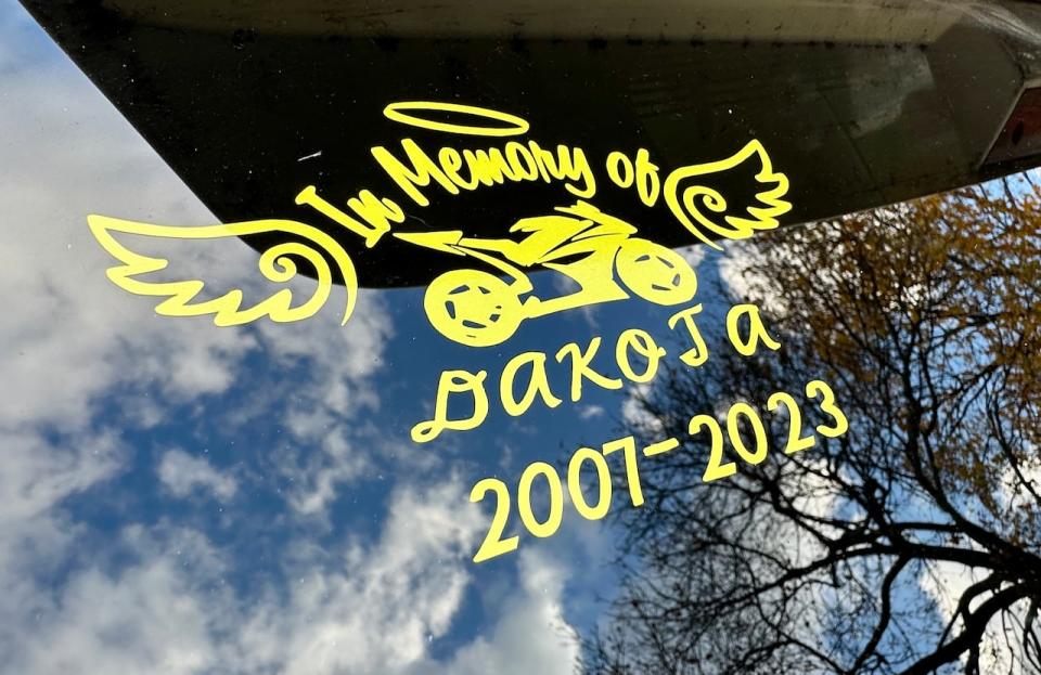 A vehicle window decal made in tribute to Dakota Rivard of Windsor.