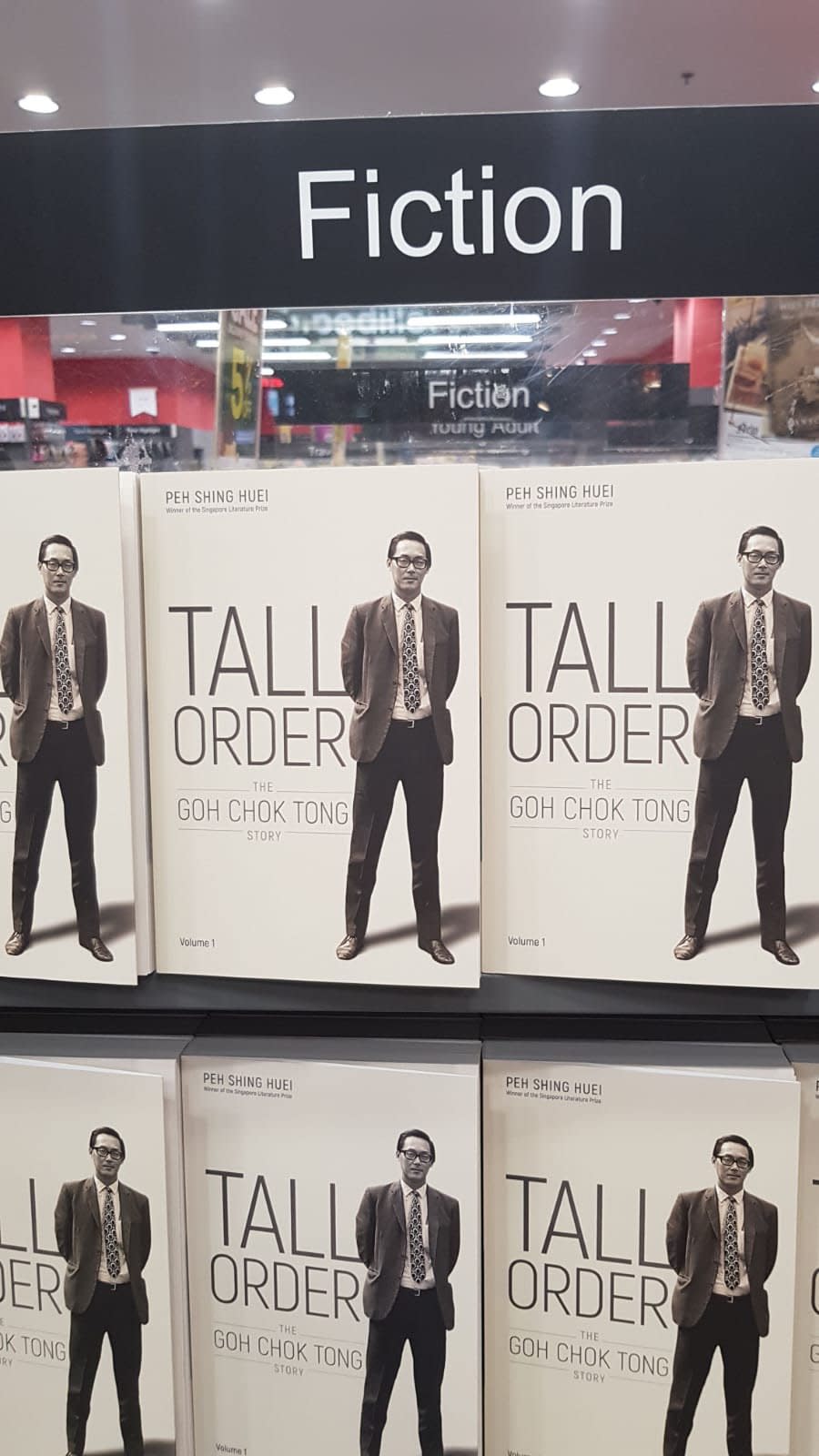 The first volume of Emeritus Senior Minister Goh Chok Tong’s memoirs somehow ended up in the ‘Fiction’ section of a Popular Bookstore. PHOTO: @mrbrown