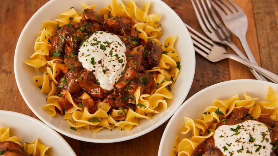 <p>Beef stroganoff is the ultimate cold weather dinner. Usually, dishes this hearty take hours of simmering or braising, but not ours. With a few flavour-building tips, you’re only an hour away from perfect stroganoff, which makes it perfect for weeknights. What are you waiting for?!</p><p>Get the <a href="https://www.delish.com/uk/cooking/recipes/a30291989/beef-stroganoff-recipe/" rel="nofollow noopener" target="_blank" data-ylk="slk:Beef Stroganoff;elm:context_link;itc:0;sec:content-canvas" class="link ">Beef Stroganoff</a> recipe.</p>