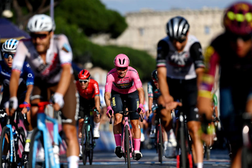 ROME ITALY  MAY 28 Primo Rogli of Slovenia and Team JumboVisma  Pink Leader Jersey celebrates at finish line as overall race winner during the 106th Giro dItalia 2023 Stage 21 a 126km stage from Rome to Rome  UCIWT  on May 28 2023 in Rome Italy Photo by Tim de WaeleGetty Images