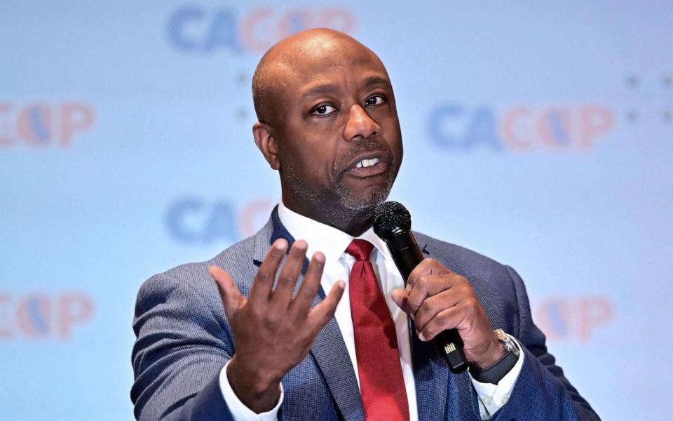 PHOTO: Senator from South Carolina and 2024 presidential hopeful Tim Scott speaks during the California Republican Party (CAGOP) Fall Convention in Anaheim, Calif., Sept. 29, 2023. (Frederic J. Brown/AFP via Getty Images)