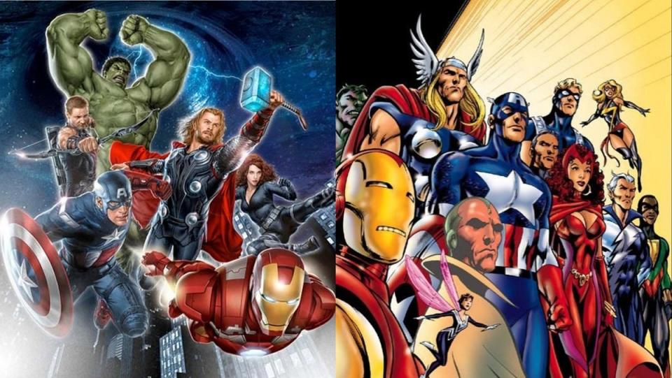 The roster from the first Avengers film (L) and the Alan Davis version of the Avengers from 2000. 
