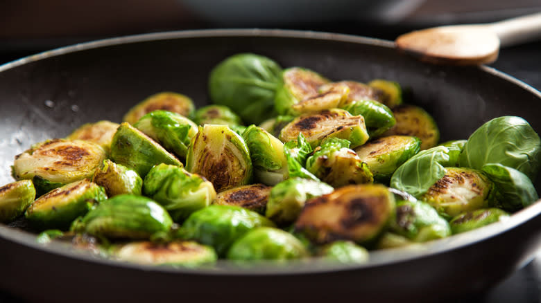 Skillet of browned Brussels sprouts