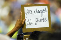 A fan holds a sign for Serena Williams, of the United States, after she beat Anett Kontaveit, of Estonia, in the second round of the U.S. Open tennis championships, Wednesday, Aug. 31, 2022, in New York. (AP Photo/Frank Franklin II)