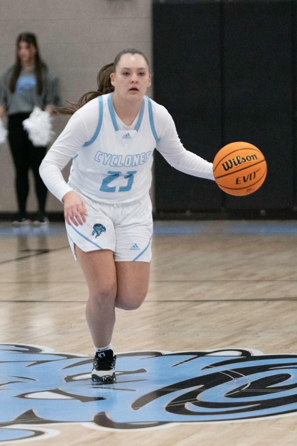 Pueblo West's Teren Sanchez dribbles across halfcourt during a matchup with Northridge on Tuesday, Feb. 21, 2023.