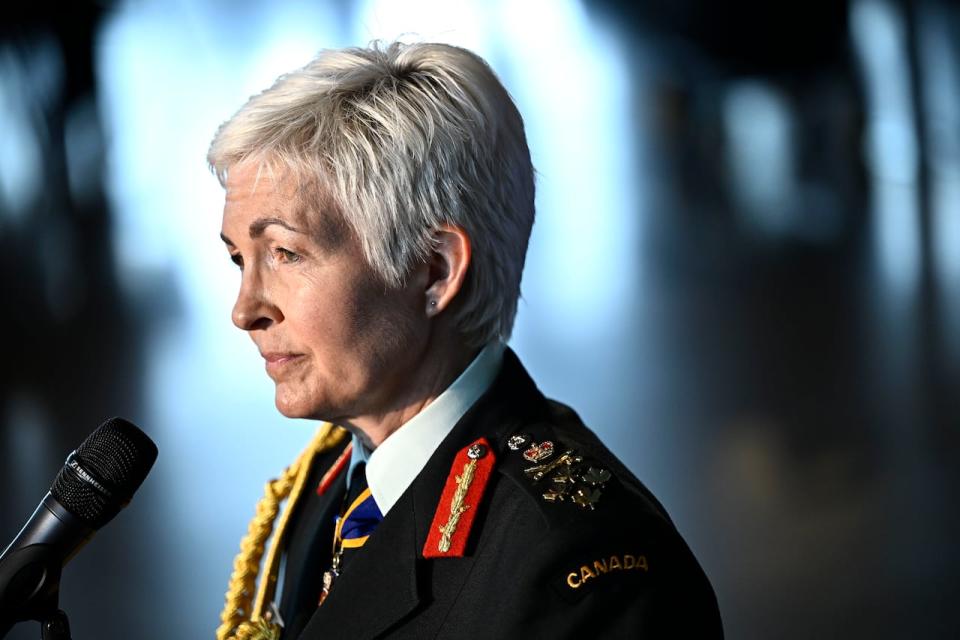 Gen. Jennie Carignan, Chief of the Defence Staff, participates in a media availability after a change of command ceremony at the Canadian War Museum in Ottawa, on Thursday, July 18, 2024.