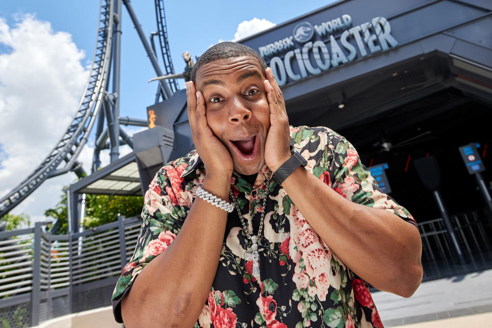 <p>Kenan Thompson tries out the all-new Jurassic World VelociCoaster on opening day at Universal Orlando Resort's Islands of Adventure theme park on June 10.</p>