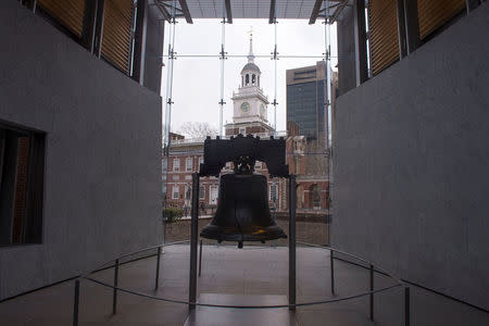 FILE PHOTO - The Liberty Bell, with Independence Hall which is on the UNESCO World Heritage Cultural List, in the background, is seen in Philadelphia, Pennsylvania, U.S. on February 12, 2015. REUTERS/Charles Mostoller/File Photo