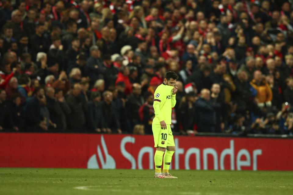 Barcelona's Lionel Messi leaves the playing field after losing the Champions League semifinal, second leg, soccer match against Liverpool at the Anfield stadium in Liverpool, England, Tuesday, May 7, 2019. (AP Photo/Dave Thompson)