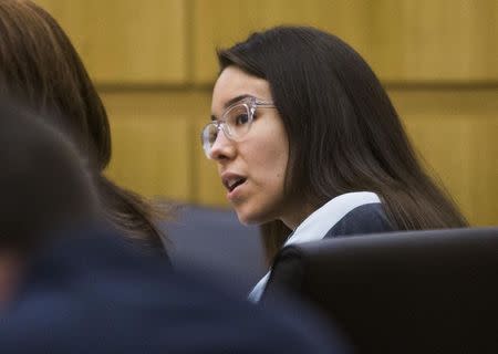 Jodi Arias, (R), speaks to prosecutor Juan Martinez during a hearing in Maricopa County Superior Court in Phoenix, Arizona in this file photo taken August 13, 2014. REUTERS/Tom Tingle/Pool/Files