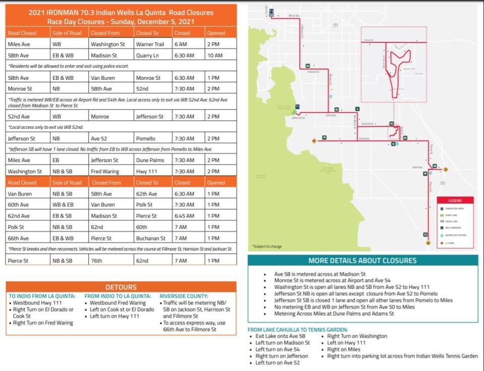 Schedule of 2021 Ironman 70.3 Indian Wells-La Quinta race day street and lane closures in La Quinta.