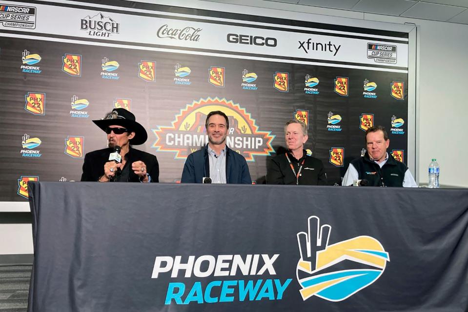 Richard Petty, Jimmie Johnson, Maury Gallagher, and Petty GMS team president Mike Beam, from left, are shown at a press conference at Phoenix Raceway in Avondale, Ariz., Friday, Nov. 4, 2022. The team has since been rebranded Legacy Motor Club.