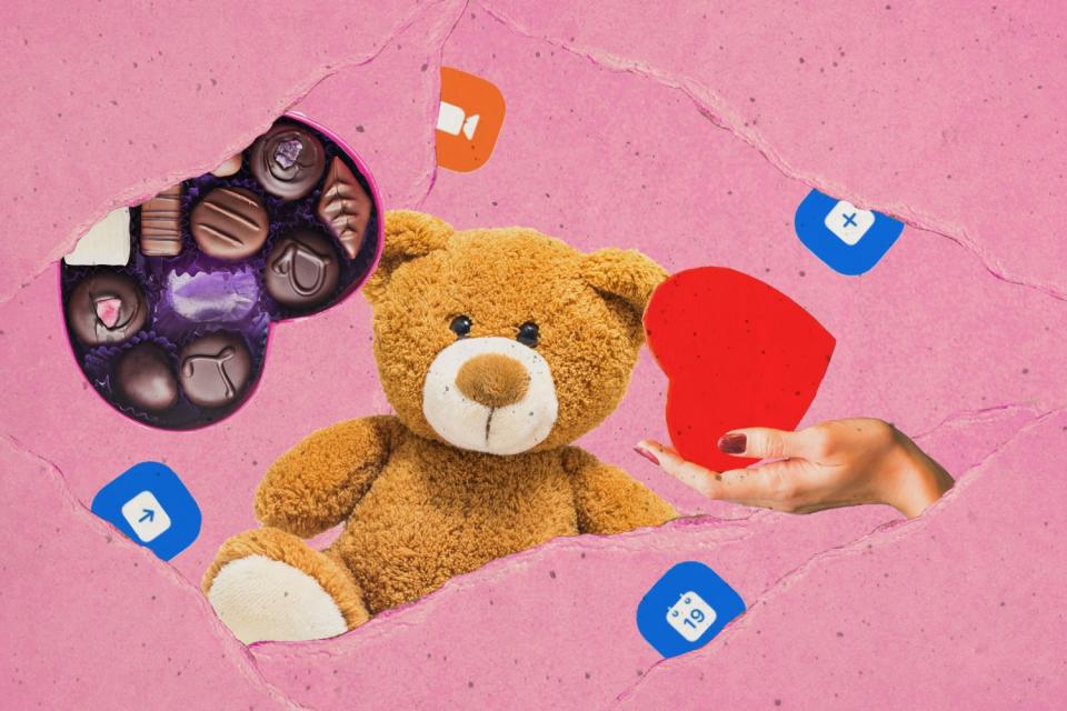 A collage with a teddy bear, a box of chocolates and a hand holding a heart.