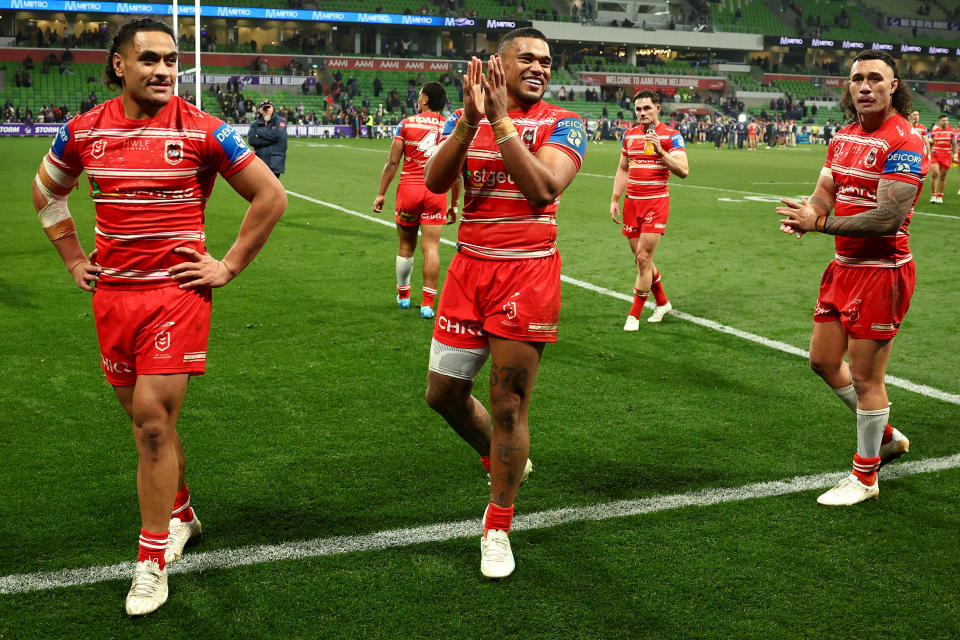 Dragons players, pictured here after their win over Melbourne Storm.