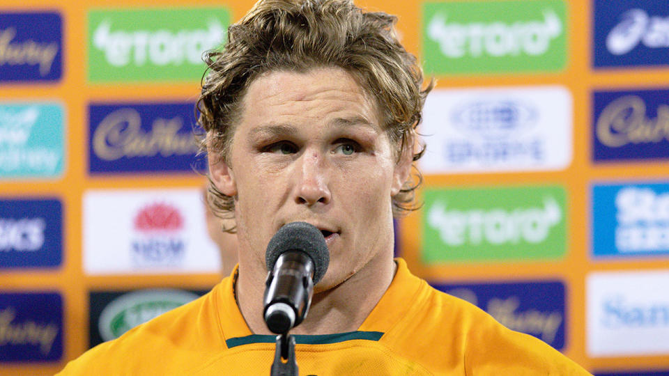 Seen here, Michael Hooper speaks after a rugby Test match for Australia.