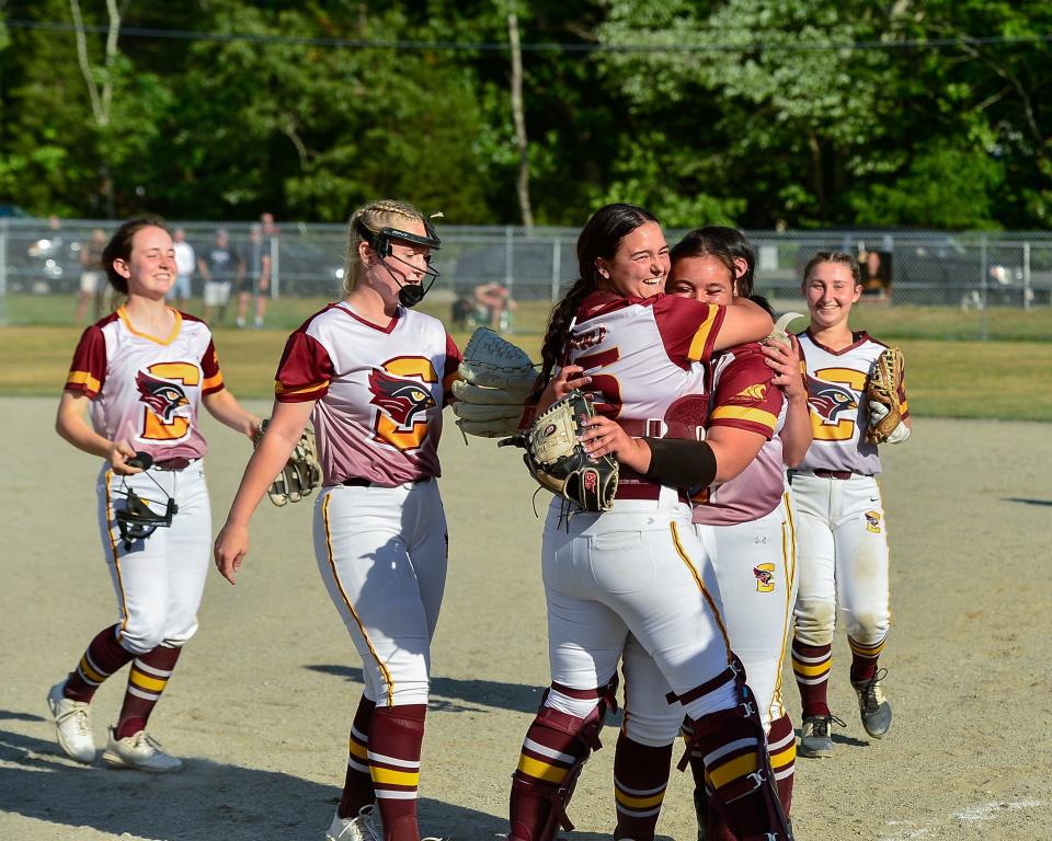 Case’s Hailey Berube and Olivia Silva hug as they celebrate after winning the Division IV Elite 8 playoff game against Archbishop Williams at Brown Elementary School in 2022.