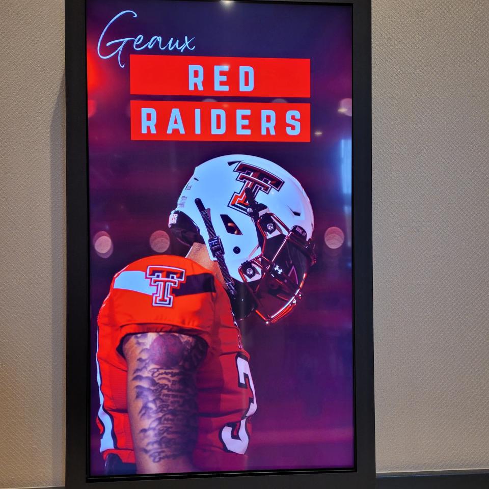 A display case greets Texas Tech football coaches and players with the message "Geaux Red Raiders" at the team's downtown hotel in Shreveport, Louisiana. The Red Raiders arrived Wednesday to continue preparations for the Independence Bowl on Saturday against California.