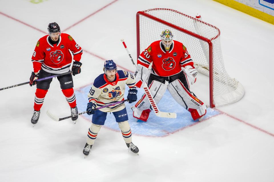 Goalie Jaxson Stauber, who has won 13 straight games for Rockford, stands tall in the crease during an IceHogs' game in Rockford on Saturday, April 13, 2024.