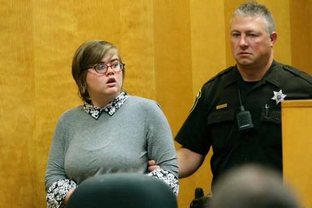 Morgan Geyser entering a Wisconsin court room in 2017. - Credit: Michael Sears/Milwaukee Journal-Sentinel/AP Photo