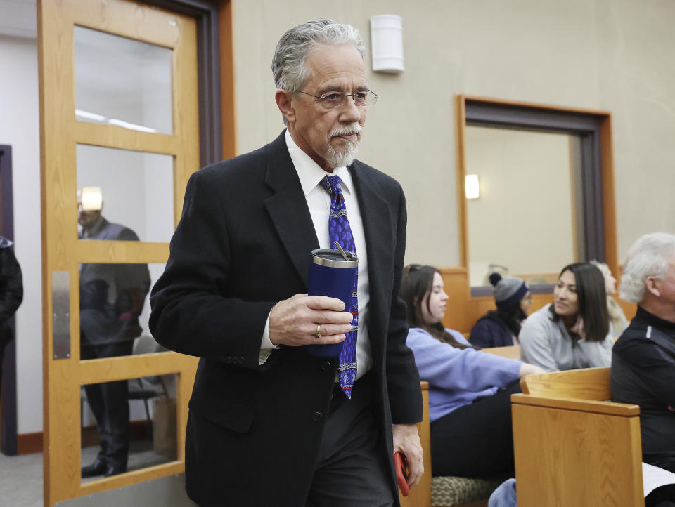 Terry Sanderson walks into the courtroom during the lawsuit trial of Terry Sanderson vs. Gwyneth Paltrow, Tuesday, March 28, 2023, in Park City, Utah. Paltrow is accused in a lawsuit of crashing into Sanderson, a skier, during a 2016 family ski vacation, leaving him with brain damage and four broken ribs. (Jeffrey D. Allred/The Deseret News via AP, Pool)