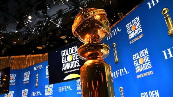 PHOTO: A view of the Golden Globe statue on stage before HFPA President Helen Hoehne announces the nominations for the 79th Annual Golden Globes at the Beverly Hilton Hotel, Dec. 13, 2021, in Beverly Hills, Calif. (Variety/Penske Media via Getty Images)