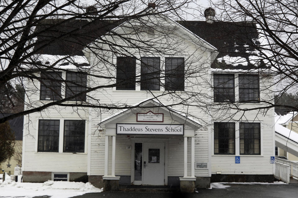 This Jan. 17, 2021 photo shows the independent Thaddeus Stevens School in Lyndon, Vt. Four families, including one whose children attend the school, are suing Vermont over a voucher program that allows students in communities that don't have schools or are not part of supervisory unions to attend schools of their choice, including approved private institutions, with the towns paying the tuition. (AP Photo/Lisa Rathke)