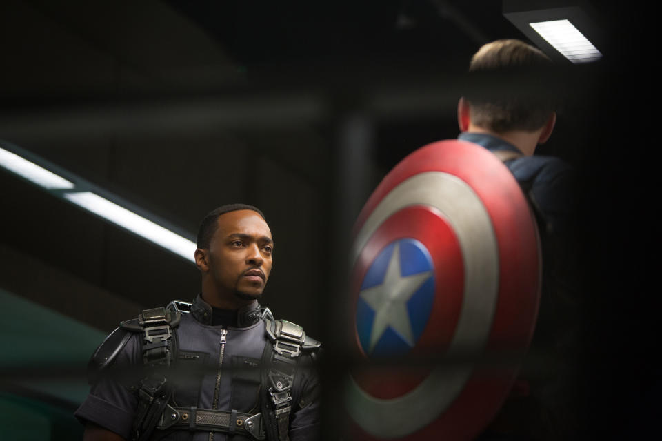 This image released by Marvel shows Anthony Mackie in a scene from the film, "Captain America: The Winter Soldier." The movie releases in theaters on Friday, April 4, 2014. (AP Photo/Marvel-Disney)