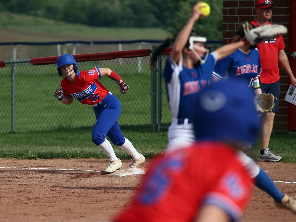 Licking Valley's Hailey Small and Zoey Shaw watch the pitch during the Panthers' 10-0 victory against visiting Highland in a Division II second-round game on Wednesday, May 8, 2024.