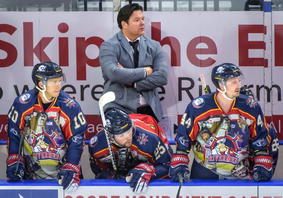 Peoria head coach Jean-Guy Trudel and his son and rookie forward Tristan Trudel (25) watch the Rivermen battle the Evansville Thunderbolts in their home opener Friday, Oct. 27 2023 at Carver Arena.