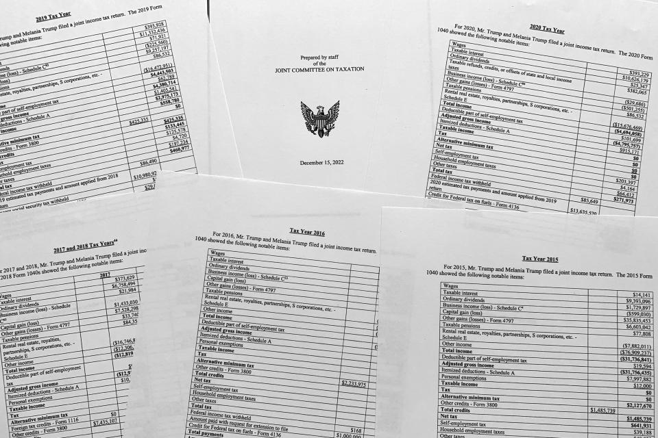 Information on former President Donald Trump's tax returns, released in a staff report by the Joint Committee on Taxation, are photographed Wednesday, Dec. 21, 2022. (AP Photo/Jon Elswick)