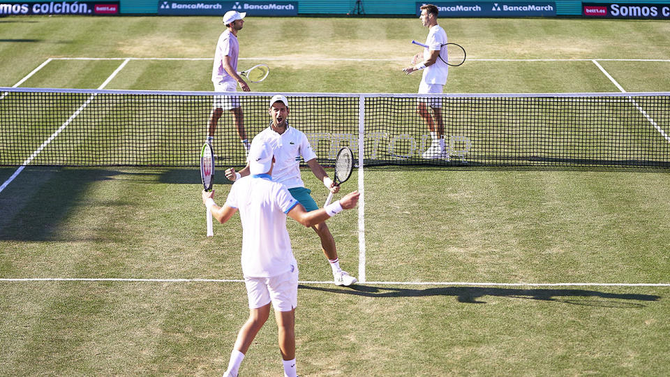 Novak Djokovic and Carlos Gomez Herrera, pictured here playing doubles in Mallorca.