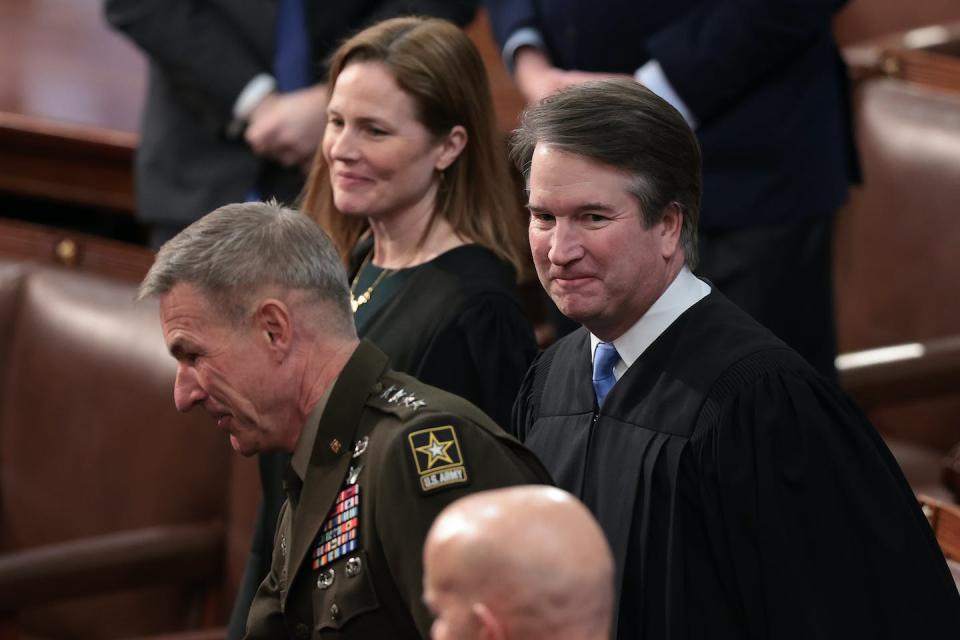 Supreme Court Justices Amy Coney Barrett and Brett Kavanaugh attend the State of the Union address in March 2022. <a href="https://media.gettyimages.com/photos/supreme-court-justices-amy-coney-barrett-john-roberts-brett-m-and-g-picture-id1238865241" rel="nofollow noopener" target="_blank" data-ylk="slk:Saul Loeb - Pool/Getty Images;elm:context_link;itc:0;sec:content-canvas" class="link ">Saul Loeb - Pool/Getty Images</a>