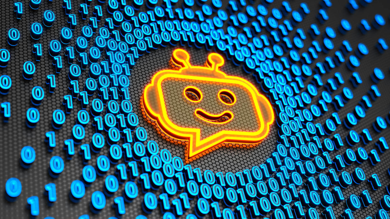  Chatbot icon on the digital binary code background. 