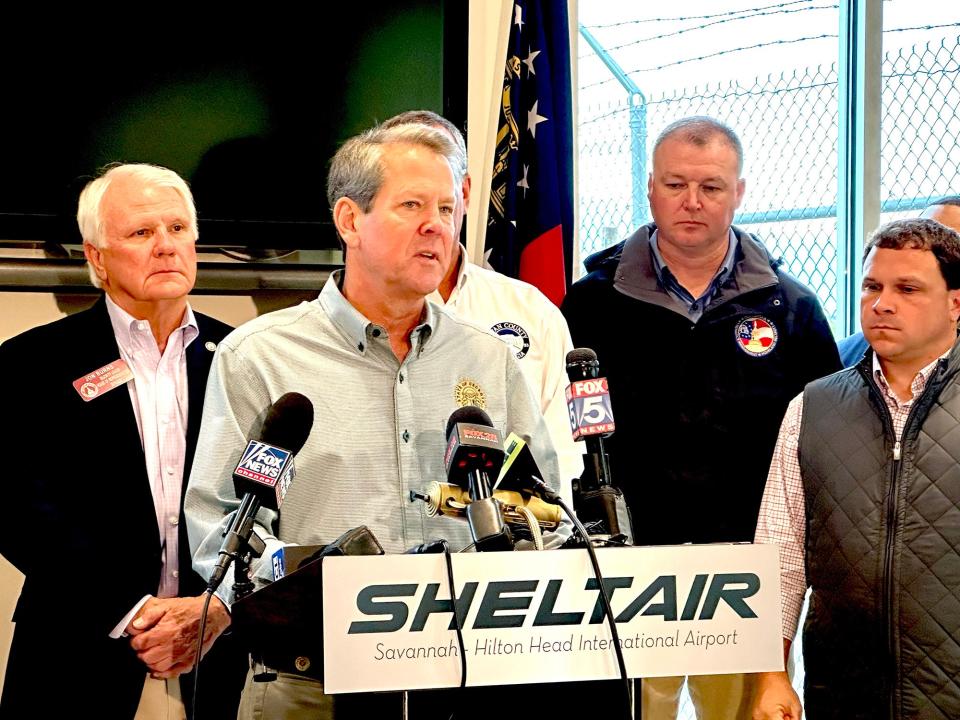 Georgia Governor Brian Kemp is joined by officials during a press conference on September 29, 2022 as he talks about the potential weather approaching the Savannah area associated with remnants Hurricane Ian.