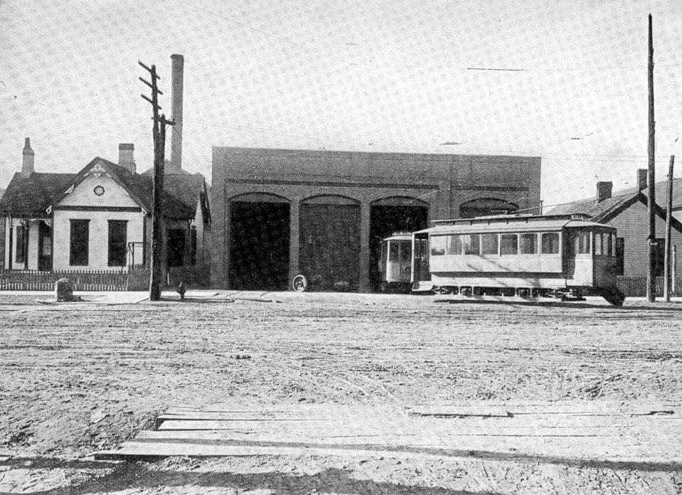 The streetcar barn on South Main Street of the Henderson Traction Company about 1911. The streetcars began running  in 1889 and for the first five years they were powered by mules. In 1894 the system switched to electric power, which upped the top speed to 12 mph. The system shut down July 17, 1923.