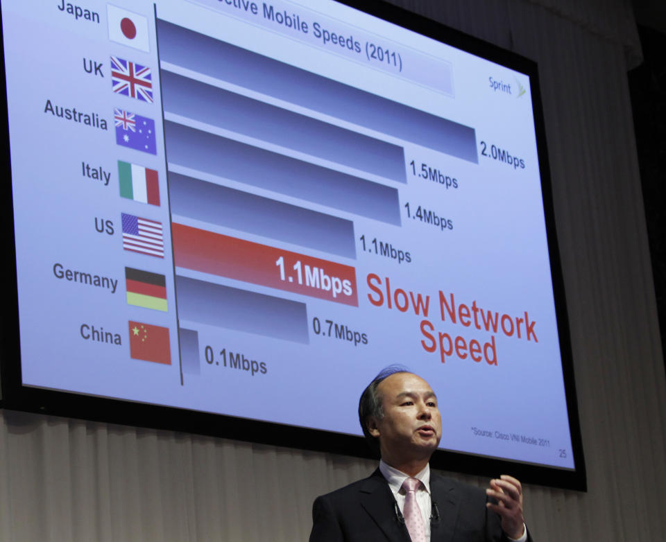 In this Monday, Oct. 15, 2012 photo, Softbank Corp. President Masayoshi Son speaks during a joint press conference with Sprint Nextel Corp. Chief Executive Dan Hesse in Tokyo when he announced Tokyo-based mobile carrier Softbank has reached a deal with Sprint to acquire 70 percent of the U.S. wireless company for $20.1 billion in the largest ever foreign acquisition by a Japanese company. The unlikely success story of Son has taken another leap with his latest mega-deal, announced Monday. (AP Photo/Koji Sasahara)