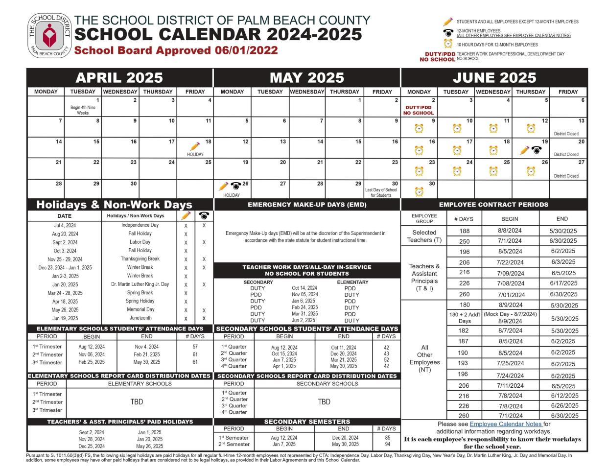 The calendar for Palm Beach County schools for the 2024-25 school year.