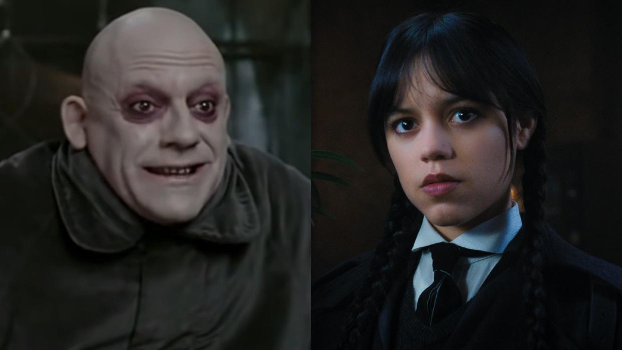  From left to right: Chistopher Lloyd smiling as Uncle Fester in The Addams Family and Jenna Ortega as Wednesday looking serious in Wednesday. 