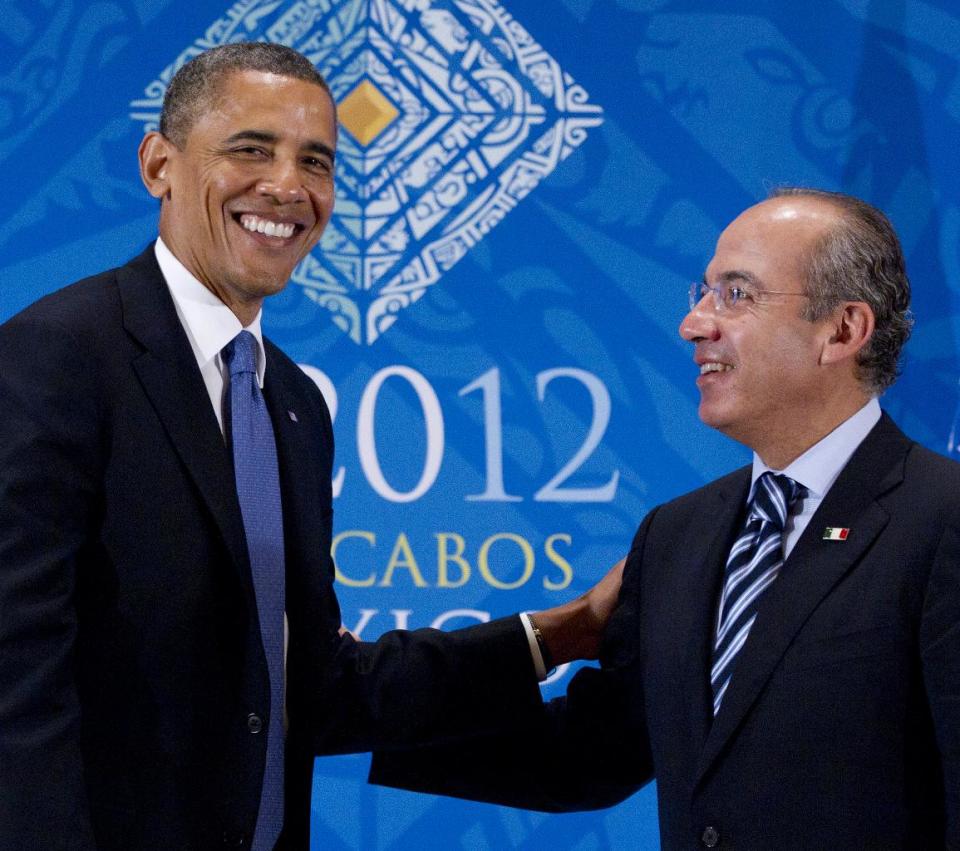 President Barack Obama attends a bilateral meeting with Mexico’s President Felipe Calderon during the G20 Summit, Monday, June 18, 2012, in Los Cabos, Mexico. (AP Photo/Carolyn Kaster)